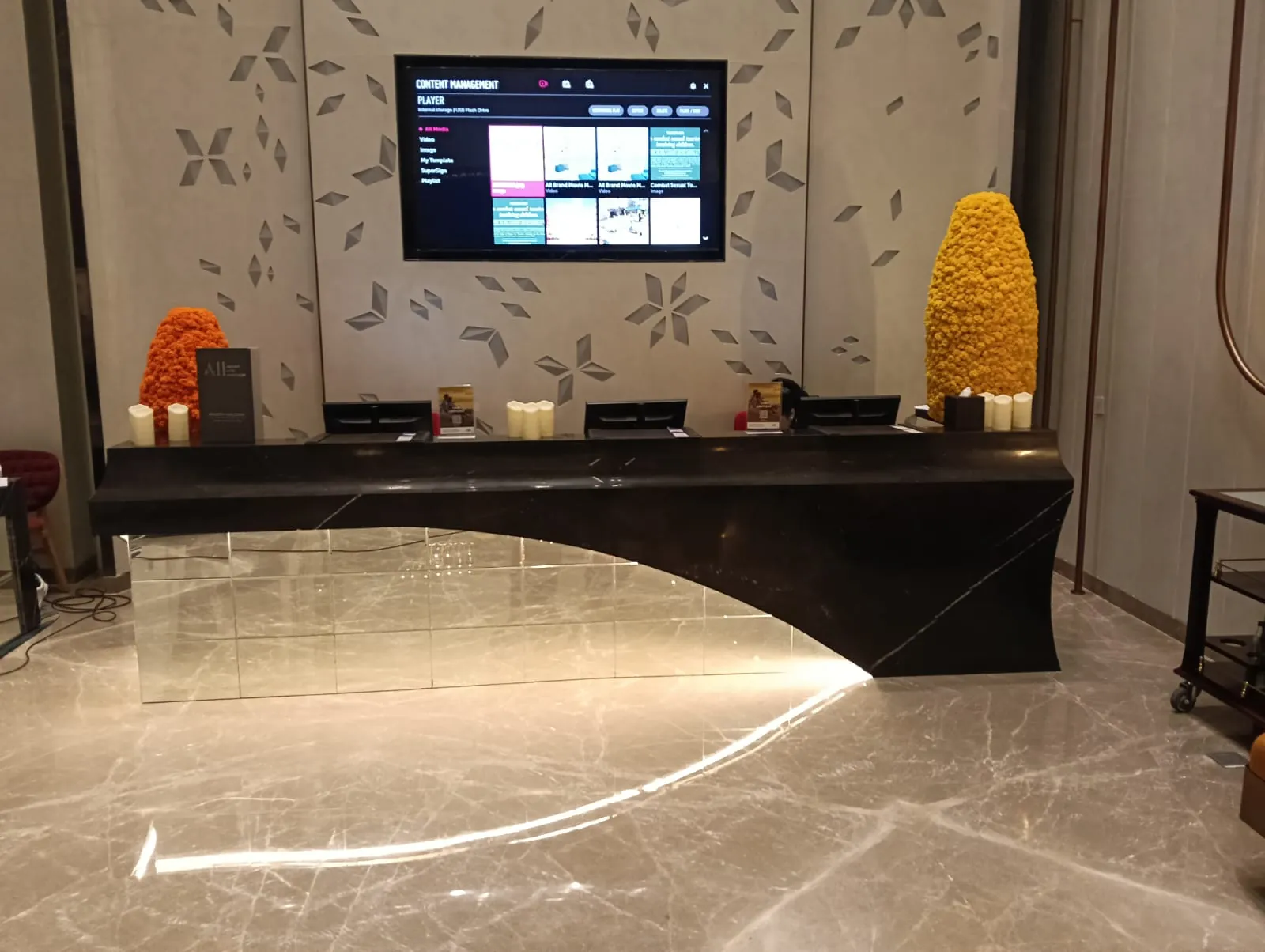 A styled reception desk prepared for arriving guests