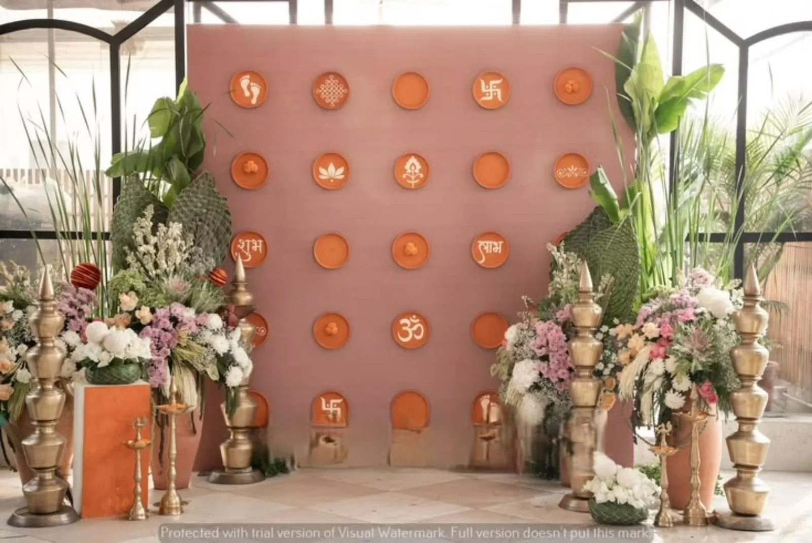 A reception area framed by a floral arch