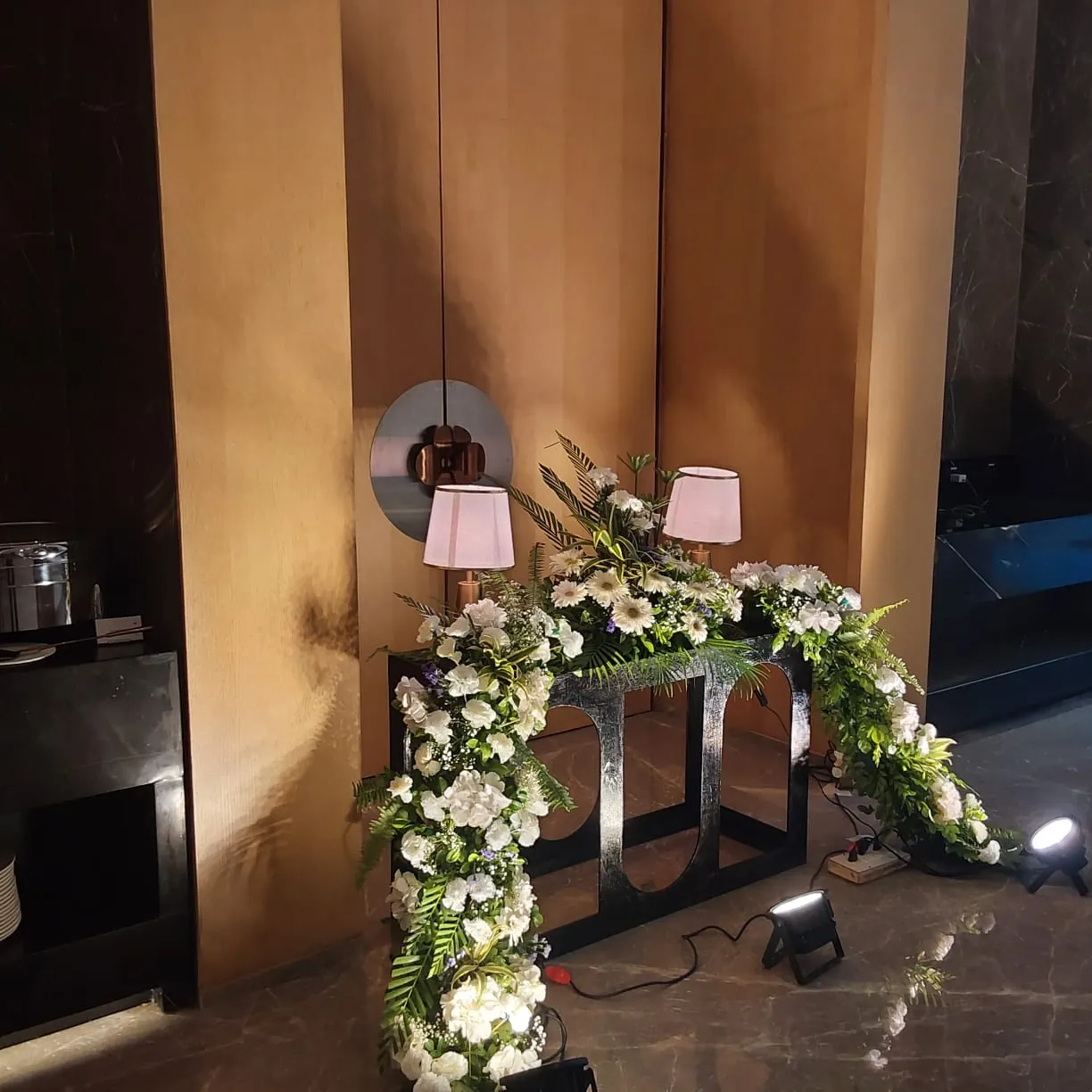 A floral welcome arrangement prepared for a wedding function